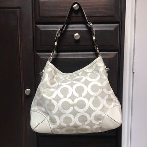 COACH Peyton signature light gray leather hobo shoulder bag.